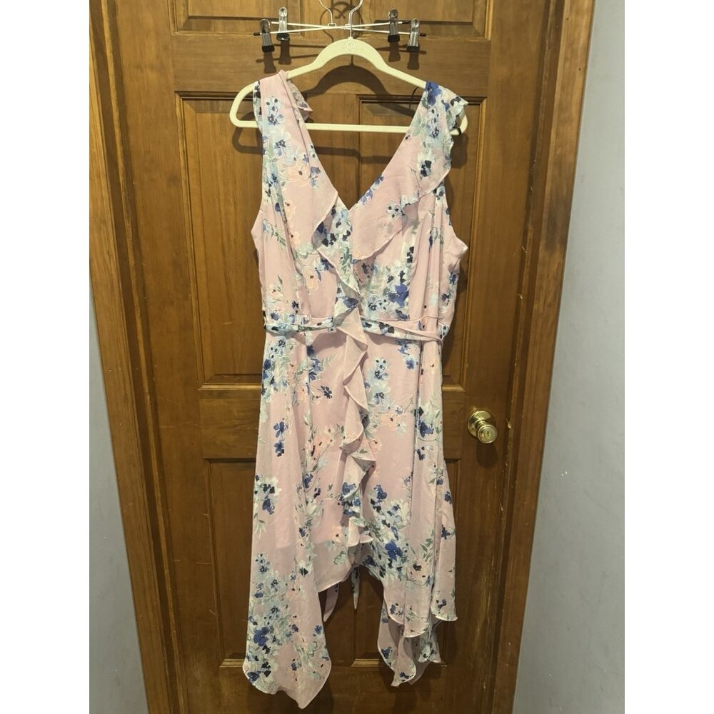 Emma & Michele Plus Size 2X Purple-Pink Floral Flowy Dress V-Neck Ruffle